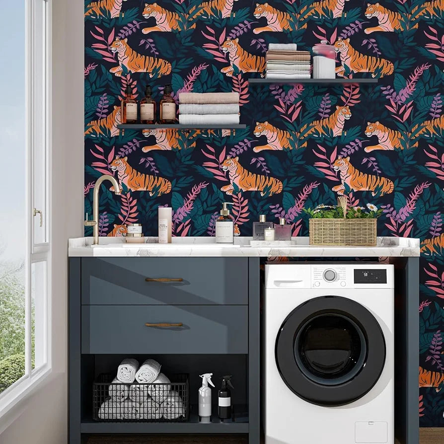 Tiger Wallpaper Peel and Stick Vintage Blue Tiger Floral Contact Paper Retro Flower Wall Wallpaper Waterproof Self-Adhesive Wall Covering for Bedroom Countertop Desk Cabinet 17.4" x 118"