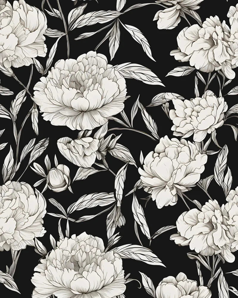 Dark Floral Wallpaper Rose Peel and Stick 17.4" x 118" Black White Contact Paper Vintage Watercolor Self Adhesive Covering for Bedroom Cabinet Bathroom Home Decor