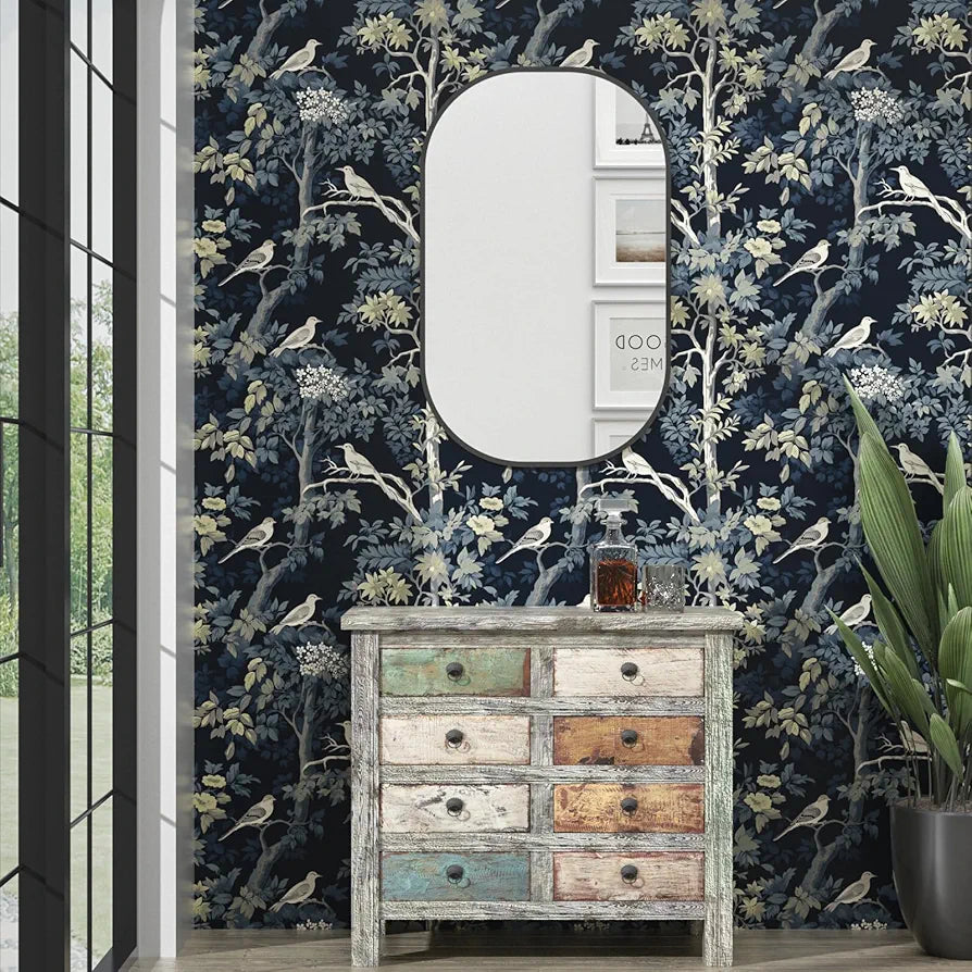 Dark Blue Bird Wallpaper Peel and Stick, Yellow Trees Forest Contact Paper, Waterproof Self-Adhesive Woodland Wall Paper for Bedroom Countertop Desk Cabinets Decor 17.4" x 118" Renter Friendly