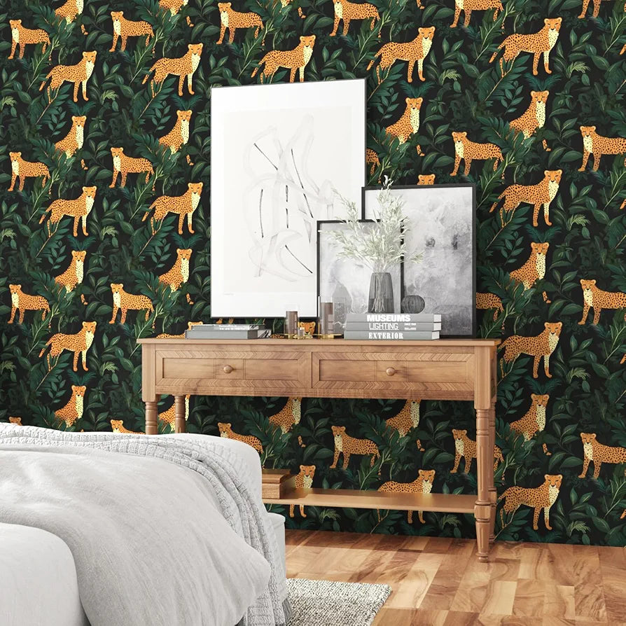 Leopard Wallpaper Peel and Stick Jungle Forest Animals Contact Paper,Waterproof Self-Adhesive Black/Yellow/Green Tropical Wall Paper for Bedroom Countertop Desk Cabinets Drawer Decor 17.4" x 118"