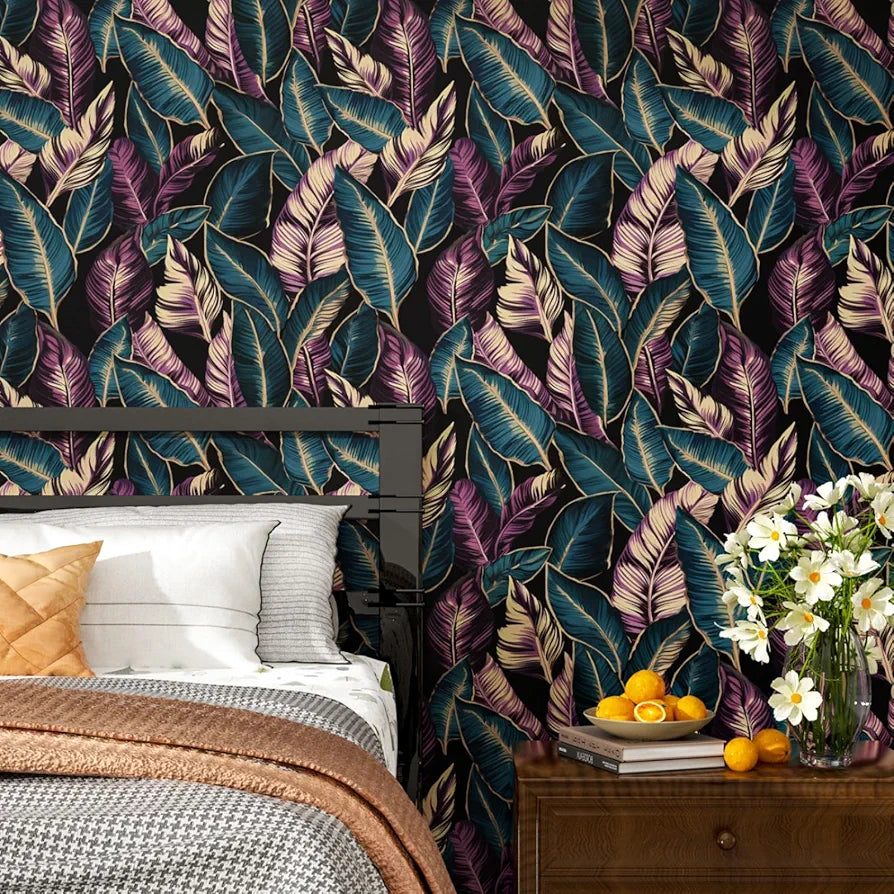 Tropical Leaf Wallpaper Peel and Stick, Dark Blue/Purple Palm Leaves Contact Paper ,Waterproof Self-Adhesive Jungle Leafy Wall Paper for Bedroom Countertop Desk Cabinets 17.4" x 118" Renter Friendly