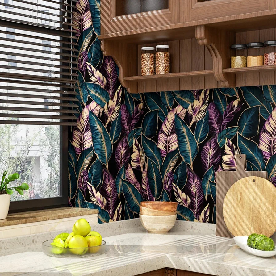 Tropical Leaf Wallpaper Peel and Stick, Dark Blue/Purple Palm Leaves Contact Paper ,Waterproof Self-Adhesive Jungle Leafy Wall Paper for Bedroom Countertop Desk Cabinets 17.4" x 118" Renter Friendly