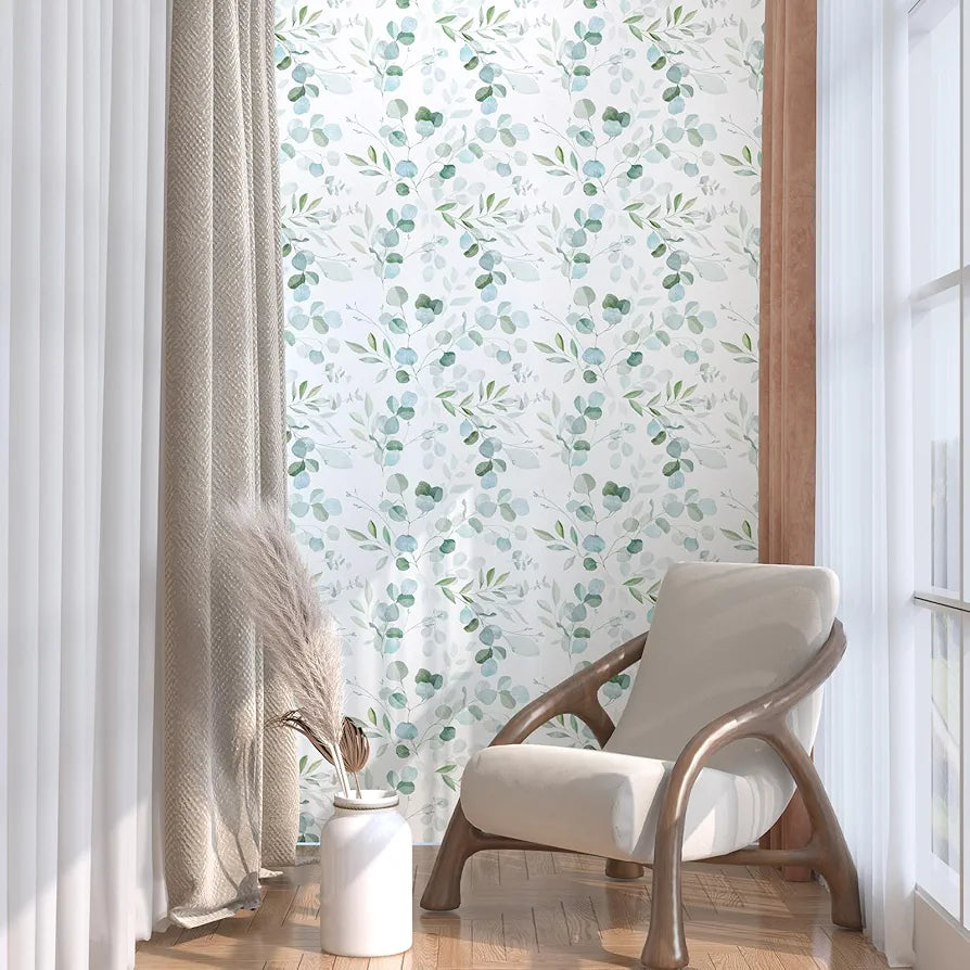 Green Leaf Wallpaper Peel and Stick Vintage Leaf Contact Paper White Greenery Floral Wallpaper Waterproof Self-Adhesive Wall Covering for Bedroom Countertop Desk Cabinets 17.4" x 118"