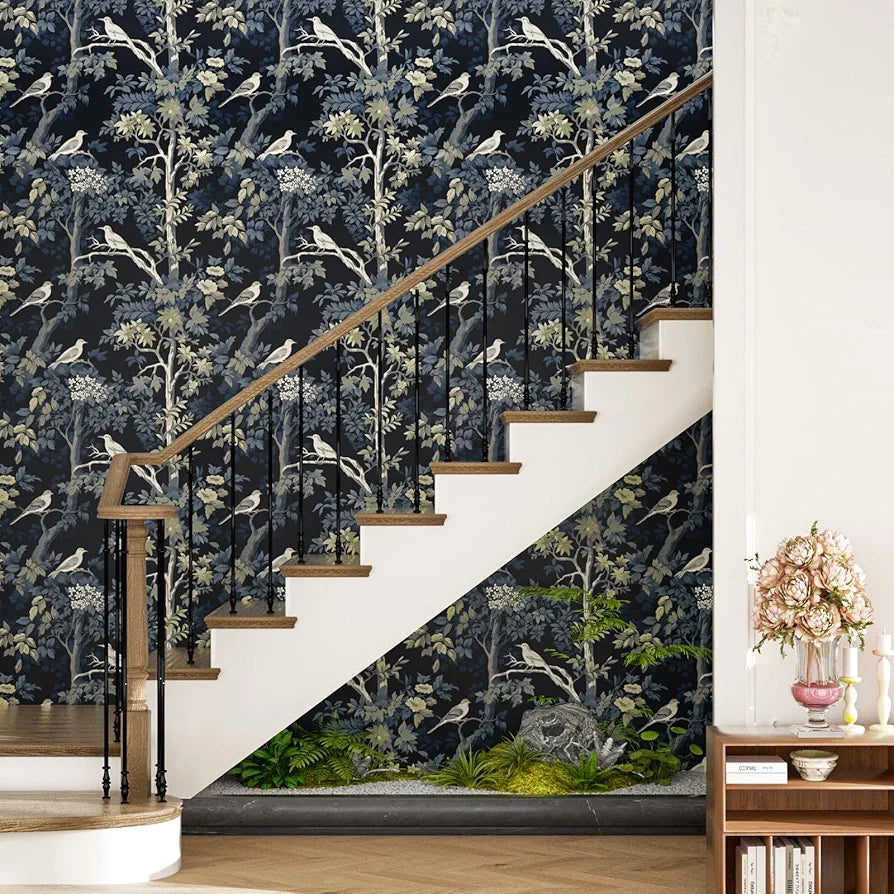 Dark Blue Bird Wallpaper Peel and Stick, Yellow Trees Forest Contact Paper, Waterproof Self-Adhesive Woodland Wall Paper for Bedroom Countertop Desk Cabinets Decor 17.4" x 118" Renter Friendly