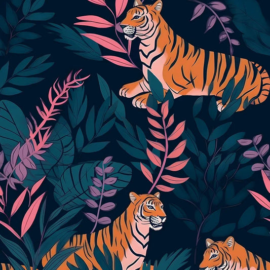 Tiger Wallpaper Peel and Stick Vintage Blue Tiger Floral Contact Paper Retro Flower Wall Wallpaper Waterproof Self-Adhesive Wall Covering for Bedroom Countertop Desk Cabinet 17.4" x 118"