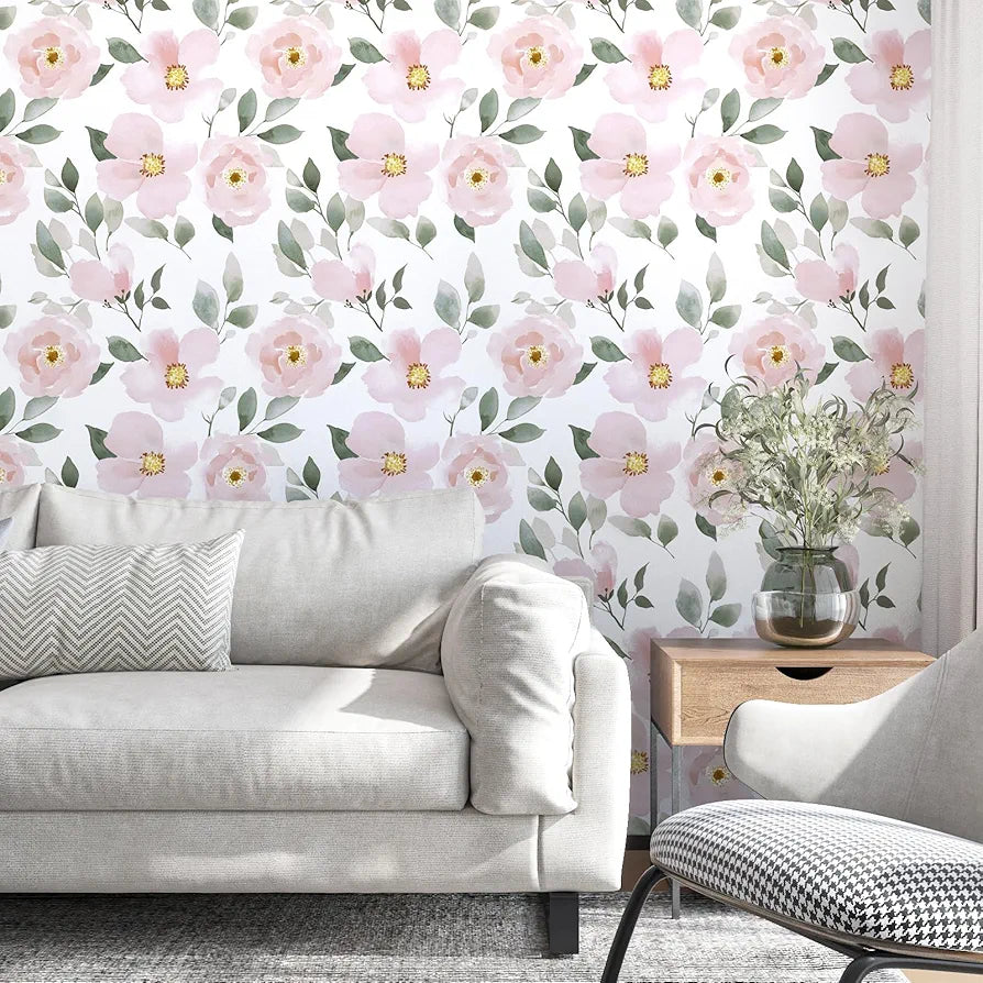 Pink Floral Wallpaper Peel and Stick White Floral Contact Paper Leaf Boho Wallpaper Waterproof Self-Adhesive Wall Covering for Bedroom Countertop Desk Cabinets Decor 17.4" x 118"