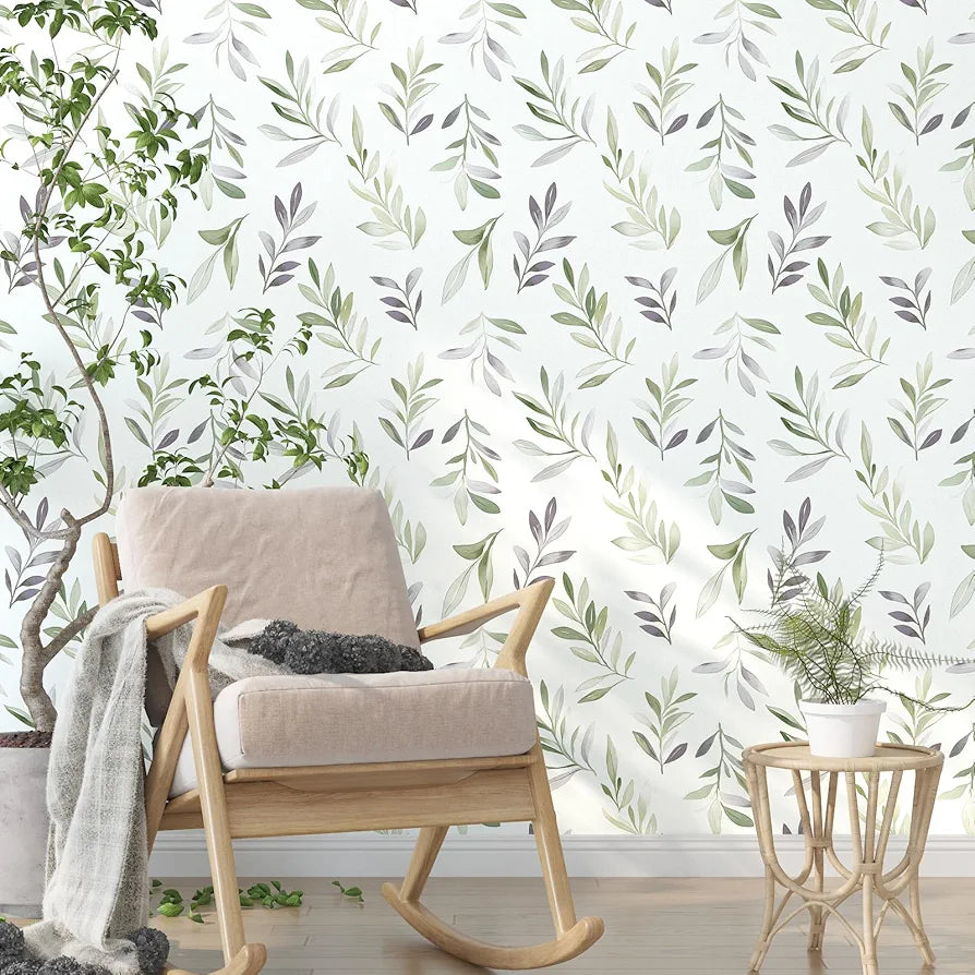 Green Leaf Wallpaper Peel and Stick Vintage Greenery Leaf Contact Paper White Floral Wallpaper Waterproof Self-Adhesive Wall Covering for Bedroom Countertop Desk Cabinets 17.4" x 118"