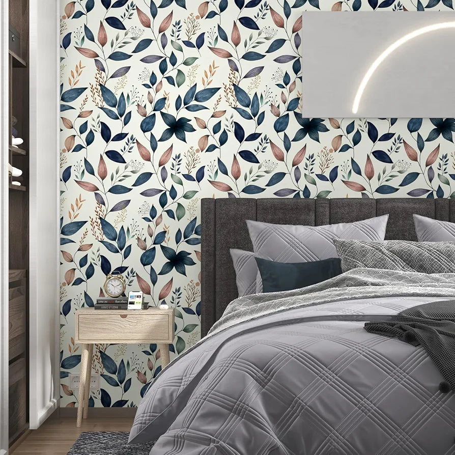 Navy Leaf Peel and Stick Wallpaper Floral Wallpaper 17.4" x 118" Dark Blue Leaf Contact Paper Navy Vinyl Wrap Easily Peel Off Self-Adhesive Wall Paper for Bedroom Kitchen Cabinet Bathroom