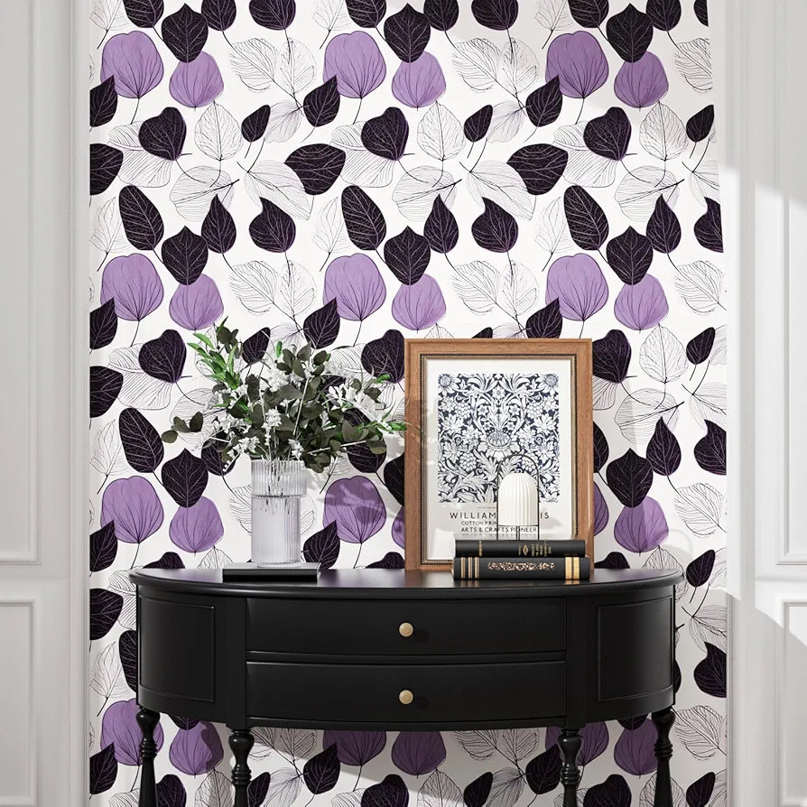 White Purple Leaf Wallpaper Peel and Stick Floral Contact Paper Leaves Wall Paper 17.4" x 118" Waterproof Self-Adhesive Wall Covering for Bedroom Countertop Desk Cabinets Decor Renter Friendly