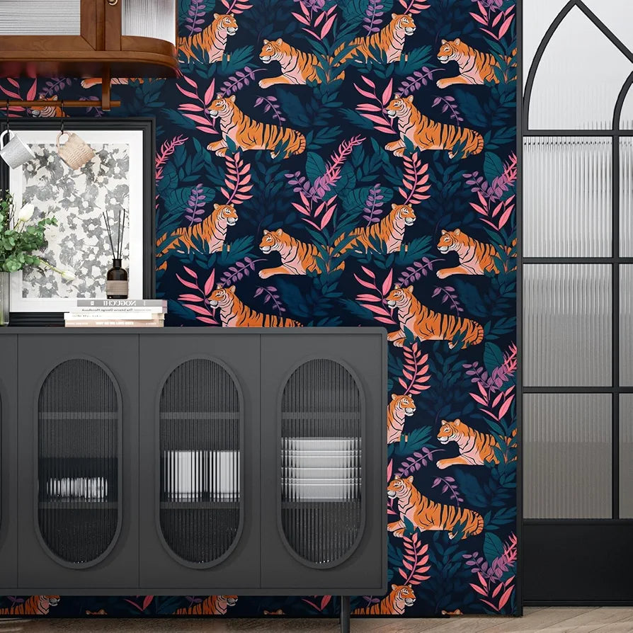 Tiger Wallpaper Peel and Stick Vintage Blue Tiger Floral Contact Paper Retro Flower Wall Wallpaper Waterproof Self-Adhesive Wall Covering for Bedroom Countertop Desk Cabinet 17.4" x 118"