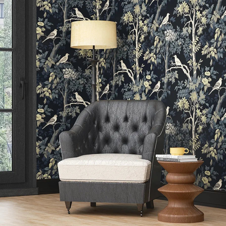 Dark Blue Bird Wallpaper Peel and Stick, Yellow Trees Forest Contact Paper, Waterproof Self-Adhesive Woodland Wall Paper for Bedroom Countertop Desk Cabinets Decor 17.4" x 118" Renter Friendly