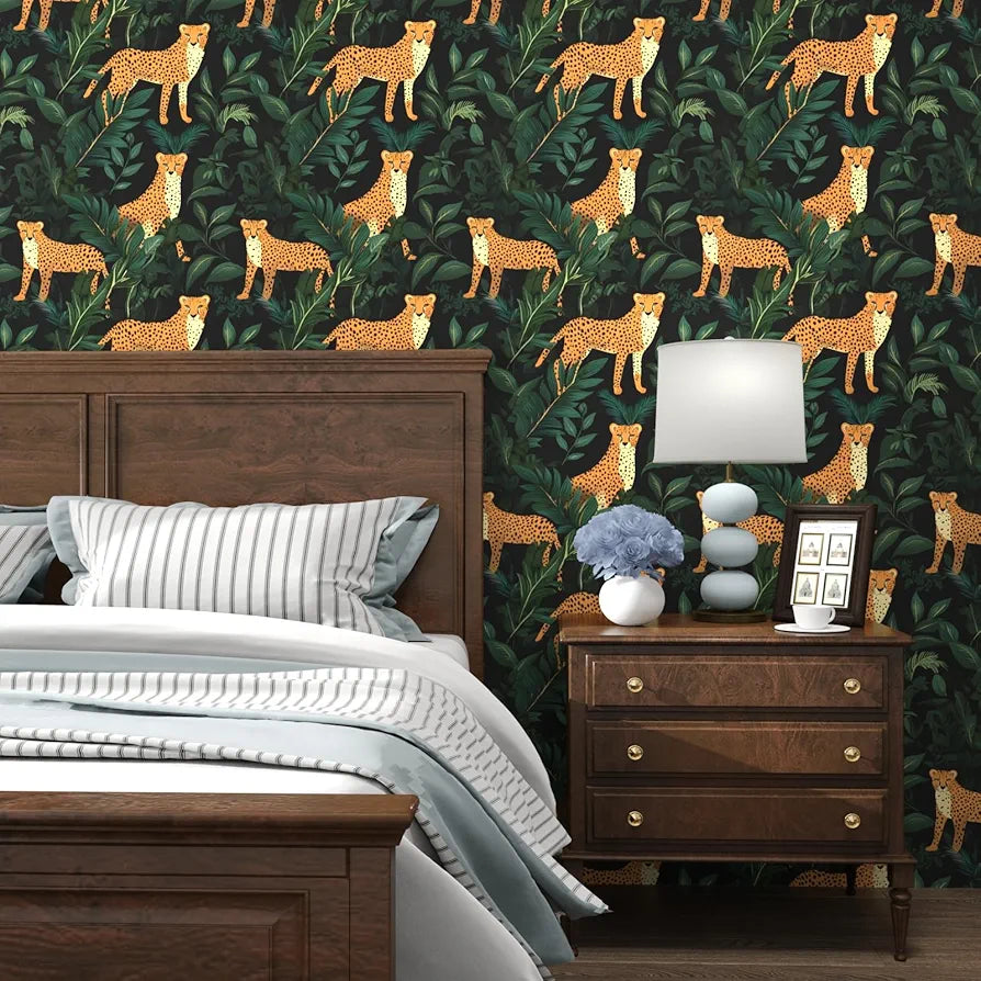 Leopard Wallpaper Peel and Stick Jungle Forest Animals Contact Paper,Waterproof Self-Adhesive Black/Yellow/Green Tropical Wall Paper for Bedroom Countertop Desk Cabinets Drawer Decor 17.4" x 118"