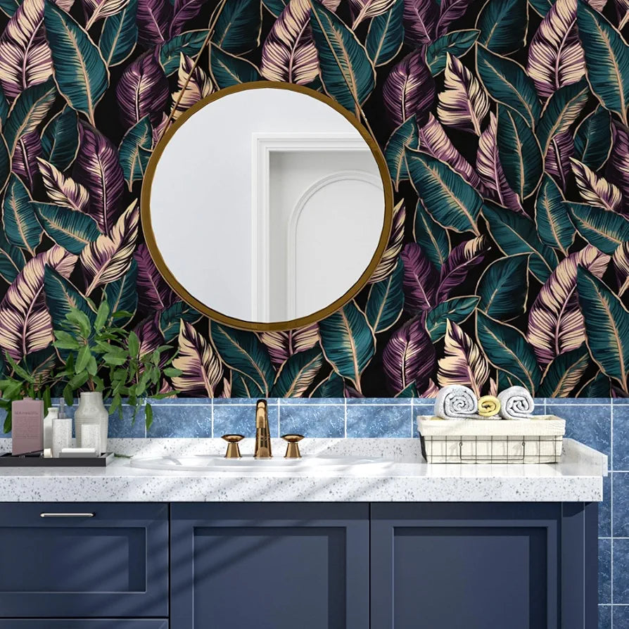 Tropical Leaf Wallpaper Peel and Stick, Dark Blue/Purple Palm Leaves Contact Paper ,Waterproof Self-Adhesive Jungle Leafy Wall Paper for Bedroom Countertop Desk Cabinets 17.4" x 118" Renter Friendly