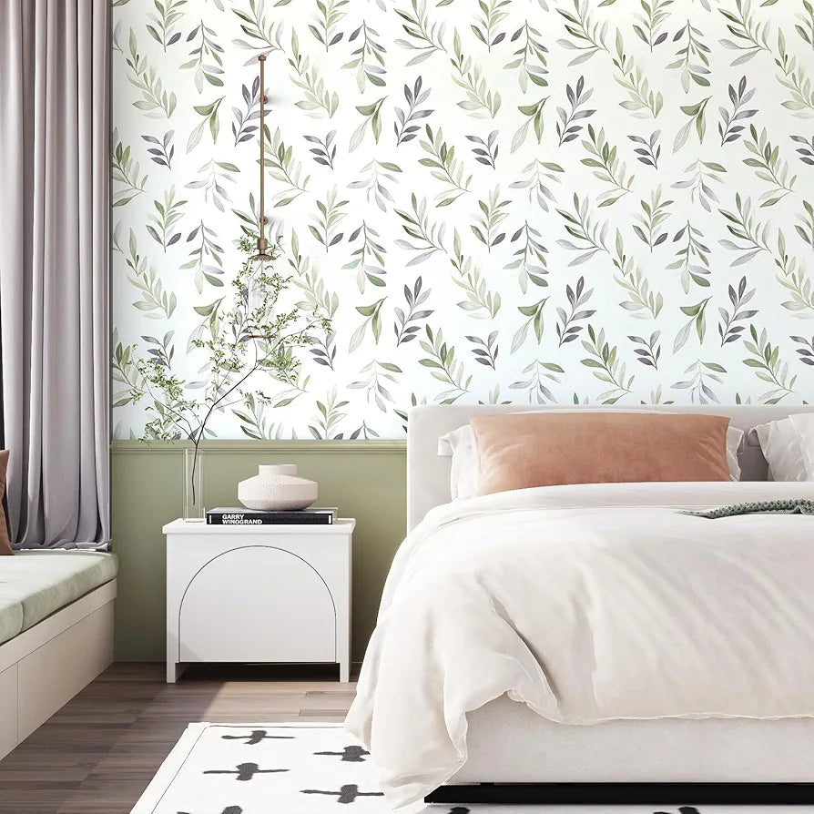 Green Leaf Wallpaper Peel and Stick Vintage Greenery Leaf Contact Paper White Floral Wallpaper Waterproof Self-Adhesive Wall Covering for Bedroom Countertop Desk Cabinets 17.4" x 118"
