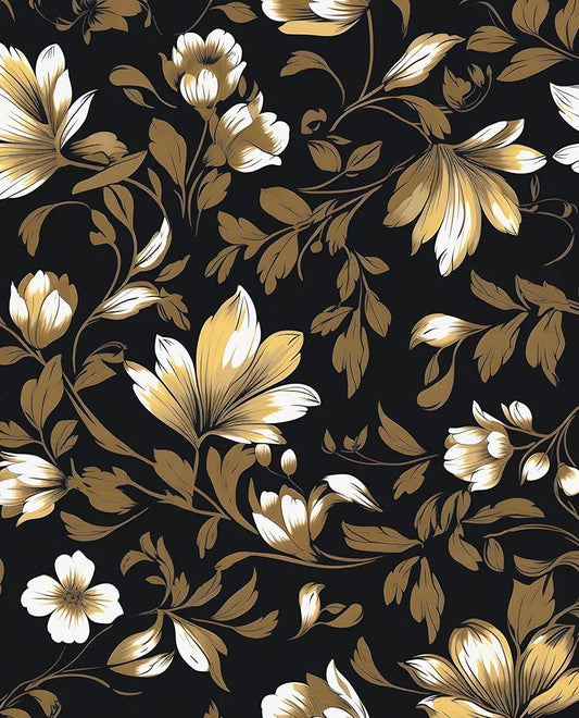 Black Gold Wallpaper Peel and Stick White Floral Contact Paper Waterproof Self-Adhesive Dark Golden Vintage Retro Flower Wall Paper for Bedroom Countertop Desk Cabinets Drawer Decor 17.4" x 118"