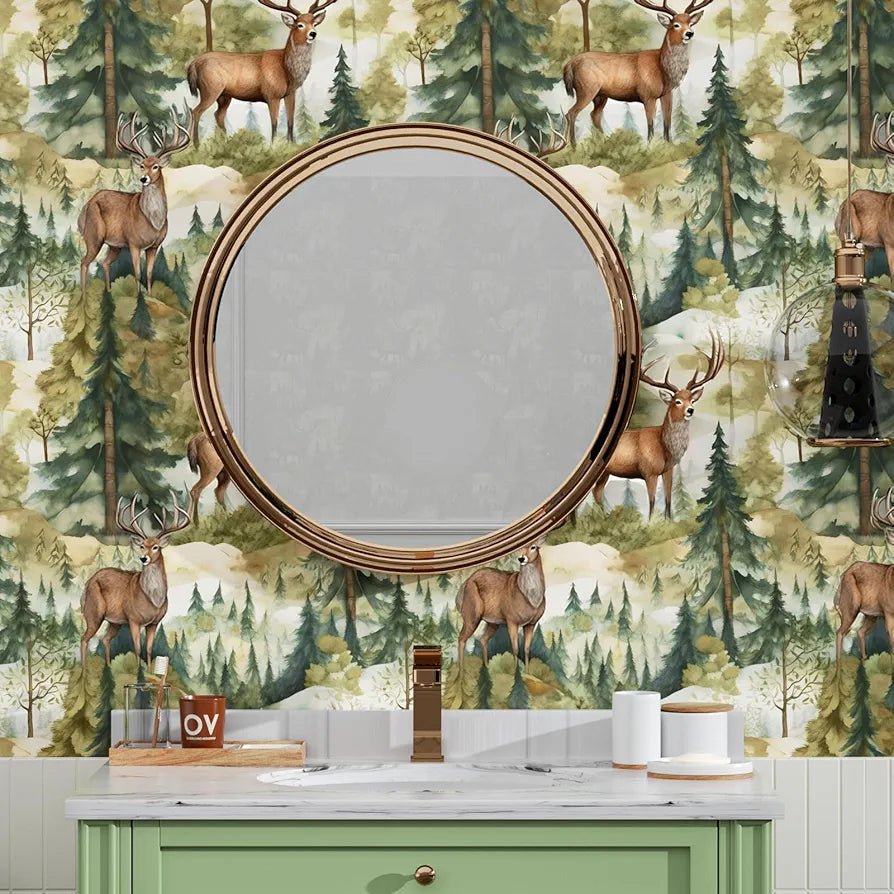 Green Forest Wallpaper Peel and Stick, Brown Deer Elk Contact Paper, Waterproof Self-Adhesive Animals Wall Paper for Bedroom Countertop Desk Cabinets Decor 17.4" x 118" Renter Friendly