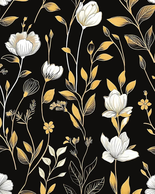 Black Gold Wallpaper Peel and Stick Dark White Floral Contact Paper Waterproof Self-Adhesive Vintage Golden Botanical Wall Paper for Bedroom Living Room Countertop Desk Cabinets Decor 17.4" x 118"