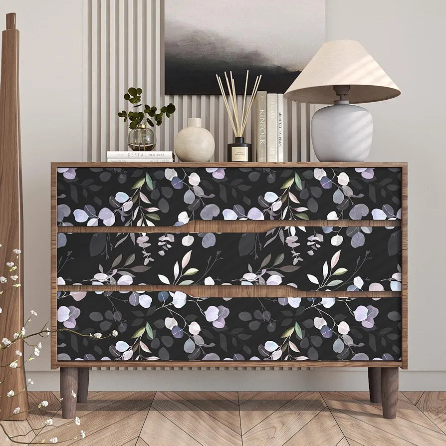 Purple Leaf Wallpaper Peel and Stick Dark Leaf Contact Paper Black Background Floral Wallpaper Waterproof Self-Adhesive Wall Covering for Bedroom Countertop Desk Cabinets 17.4" x 118"