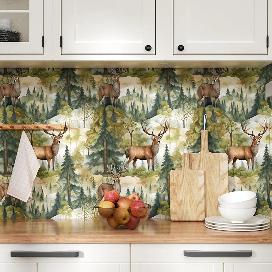 Green Forest Wallpaper Peel and Stick, Brown Deer Elk Contact Paper, Waterproof Self-Adhesive Animals Wall Paper for Bedroom Countertop Desk Cabinets Decor 17.4" x 118" Renter Friendly