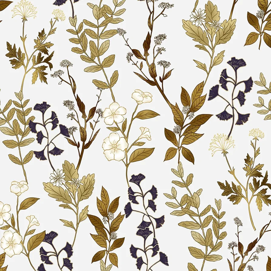 White Floral Wallpaper Peel and Stick Gold Leaf Contact Paper Leaf Wallpaper Waterproof Self-Adhesive Wall Covering for Bedroom Countertop Desk Cabinets Decor 17.4" x 118"
