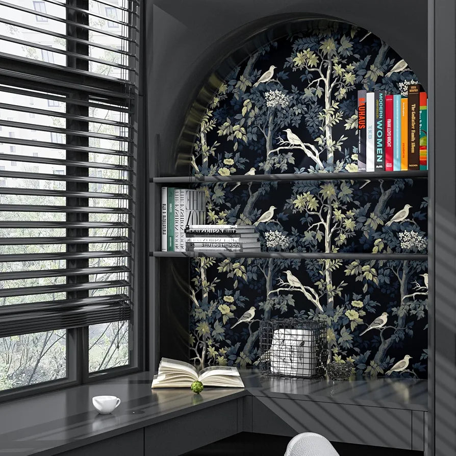 Dark Blue Bird Wallpaper Peel and Stick, Yellow Trees Forest Contact Paper, Waterproof Self-Adhesive Woodland Wall Paper for Bedroom Countertop Desk Cabinets Decor 17.4" x 118" Renter Friendly