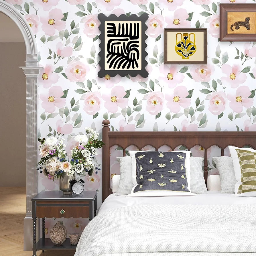 Pink Floral Wallpaper Peel and Stick White Floral Contact Paper Leaf Boho Wallpaper Waterproof Self-Adhesive Wall Covering for Bedroom Countertop Desk Cabinets Decor 17.4" x 118"