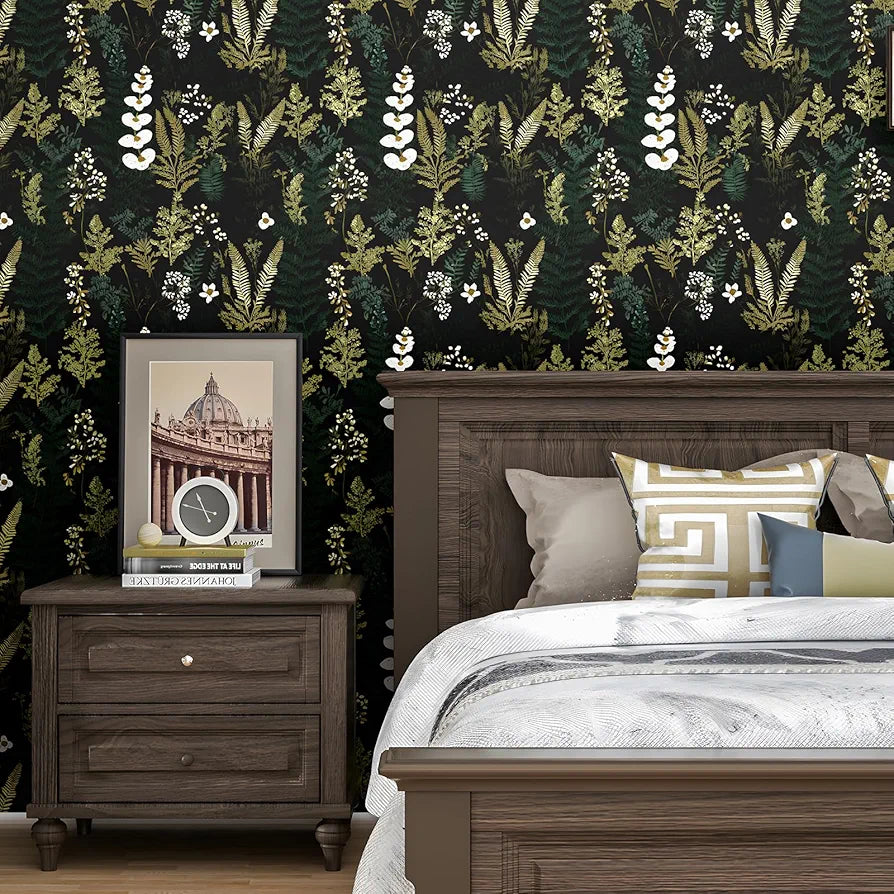 Black Floral Wallpaper Peel and Stick Dark Green Gold Leaf Contact Paper Waterproof Self-Adhesive Forest Tropical Fern Wall Paper for Bedroom Countertop Desk Cabinets 17.4" x 118" Renter Friendly