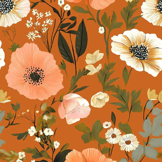 Vintage Orange Floral Peel and Stick Wallpaper Dark Orange Wallpaper Pink Flower Peony Contact Paper Removable Self-Adhesive WallPapers Boho Botanical Wall Paper for Bedroom Cabinet 118" x 17.4"