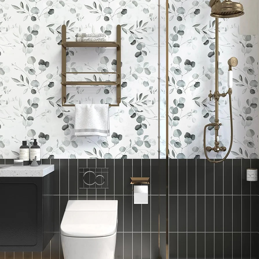 Gray Leaf Wallpaper Peel and Stick Vintage Leaf Contact Paper White Greenery Floral Wallpaper 17.4" x 118" Waterproof Self-Adhesive Wall Covering for Bedroom Countertop Desk Cabinets