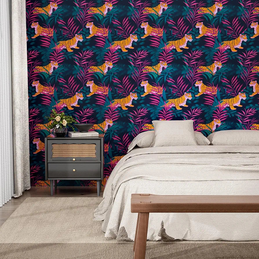 Tiger Wallpaper Peel and Stick,Jungle Forest Animals Contact Paper Pink/Orange/Blue Waterproof Self-Adhesive Tropical Wall Paper for Bedroom Countertop Desk Cabinets Drawer Decor 17.4" x 118"