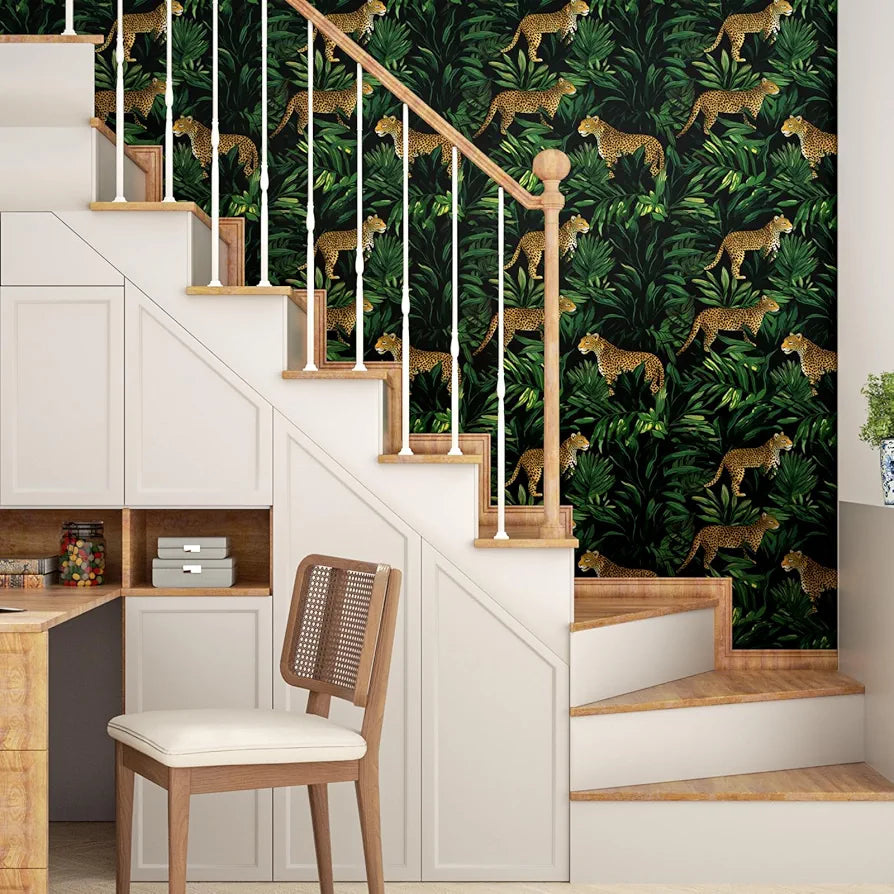 Leopard Wallpaper Peel and Stick Dark Green/Brown Jungle Forest Animals Contact Paper,Tropical Wall Paper Waterproof Self-Adhesive for Bedroom Countertop Desk Cabinets Drawer Decor 17.4" x 118"