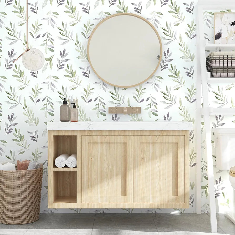 Green Leaf Wallpaper Peel and Stick Vintage Greenery Leaf Contact Paper White Floral Wallpaper Waterproof Self-Adhesive Wall Covering for Bedroom Countertop Desk Cabinets 17.4" x 118"