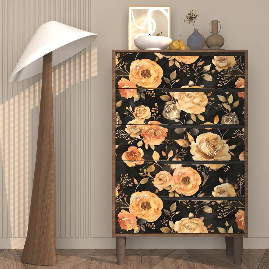 Flower Wallpaper Yellow/Orange Floral Peel and Stick Wallpaper Cream Contact Paper Waterproof Self Adhesive Covering for Bedroom Cabinet Bathroom Home Decor 17.4" x 118"