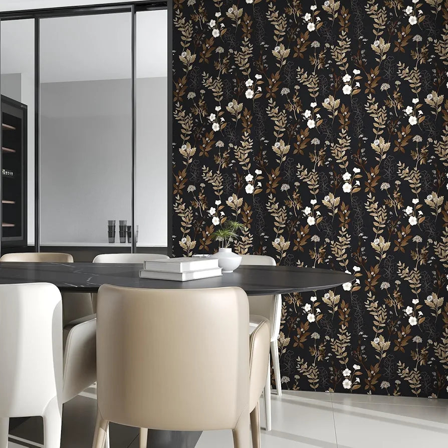 Black Floral Wallpaper Peel and Stick Gold Leaf Contact Paper 17.4" x 118" Leaf Wallpaper Waterproof Self-Adhesive Wall Covering for Bedroom Countertop Desk Cabinets Decor