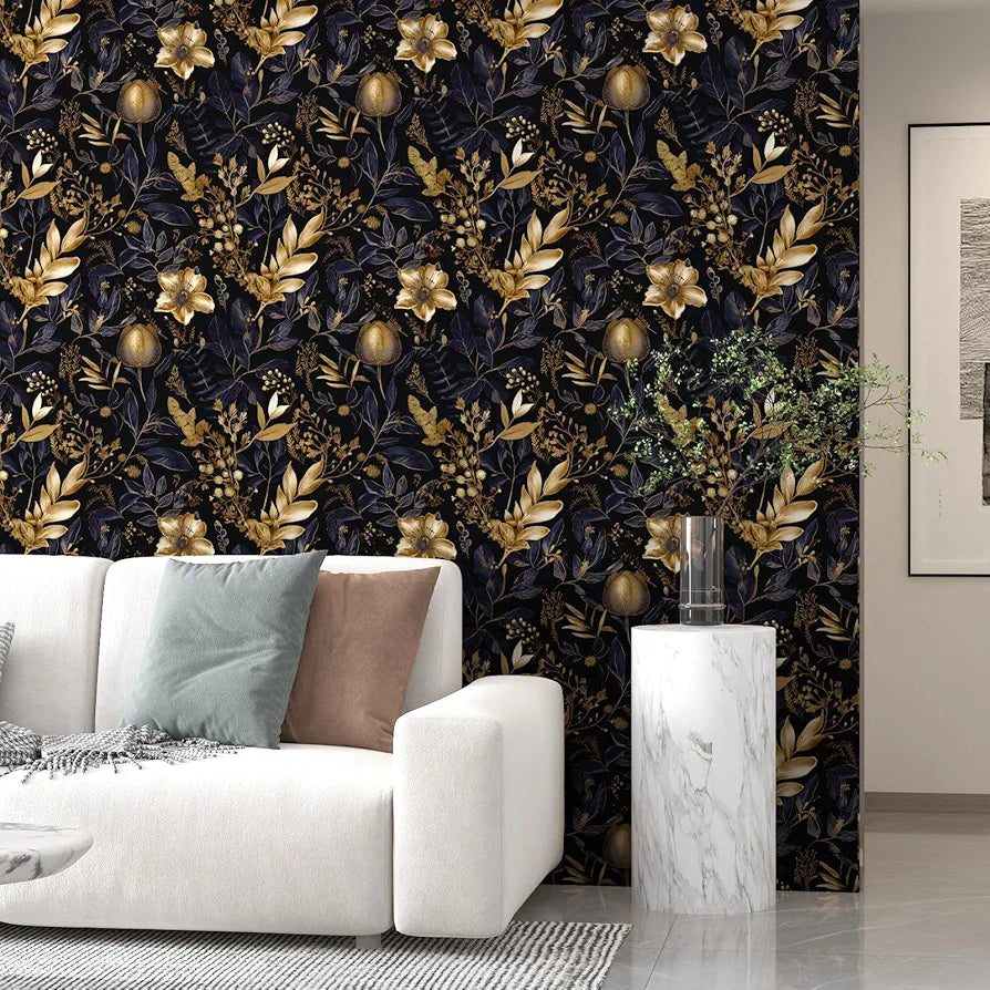 Gold Floral Wallpaper Peel and Stick Black Floral Contact Paper Purple Gold Leaf Boho Wallpaper Waterproof Self-Adhesive Wall Covering for Bedroom Countertop Desk Cabinets Decor 17.4" x 118"