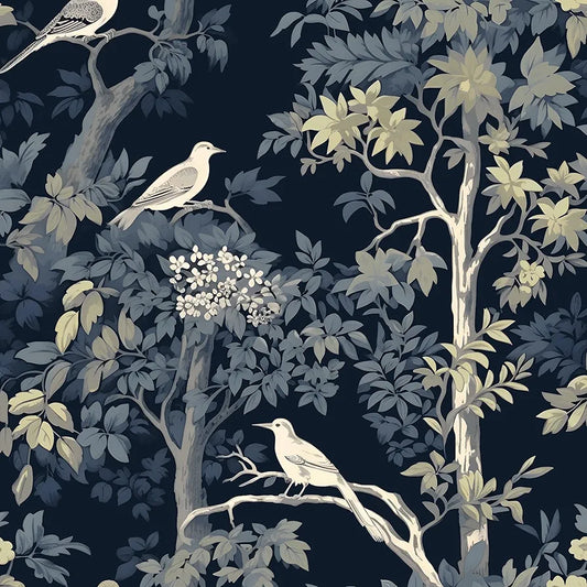 Dark Blue Bird Wallpaper Peel and Stick, Yellow Trees Forest Contact Paper, Waterproof Self-Adhesive Woodland Wall Paper for Bedroom Countertop Desk Cabinets Decor 17.4" x 118" Renter Friendly
