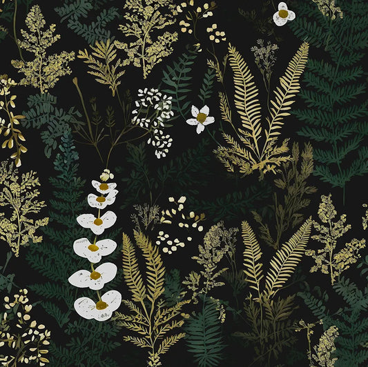 Black Floral Wallpaper Peel and Stick Dark Green Gold Leaf Contact Paper Waterproof Self-Adhesive Forest Tropical Fern Wall Paper for Bedroom Countertop Desk Cabinets 17.4" x 118" Renter Friendly