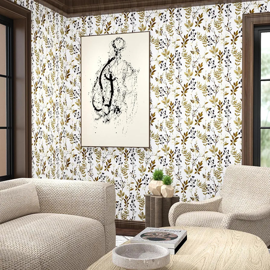 White Floral Wallpaper Peel and Stick Gold Leaf Contact Paper Leaf Wallpaper Waterproof Self-Adhesive Wall Covering for Bedroom Countertop Desk Cabinets Decor 17.4" x 118"