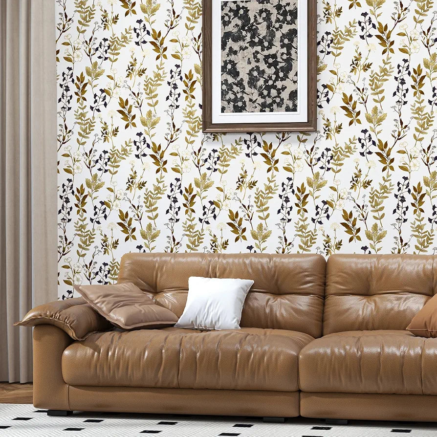 White Floral Wallpaper Peel and Stick Gold Leaf Contact Paper Leaf Wallpaper Waterproof Self-Adhesive Wall Covering for Bedroom Countertop Desk Cabinets Decor 17.4" x 118"