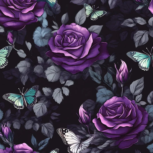 Black Foral Wallpaper Peel and Stick, Dark Purple Rose Contact Paper, Waterproof Self-Adhesive Flower Butterfly Wall Paper for Bedroom Countertop Desk Cabinets Decor 17.4" x 118" Renter Friendly