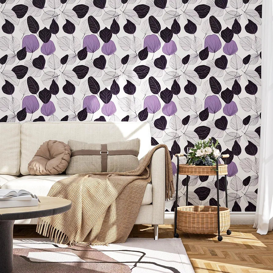 White Purple Leaf Wallpaper Peel and Stick Floral Contact Paper Leaves Wall Paper 17.4" x 118" Waterproof Self-Adhesive Wall Covering for Bedroom Countertop Desk Cabinets Decor Renter Friendly