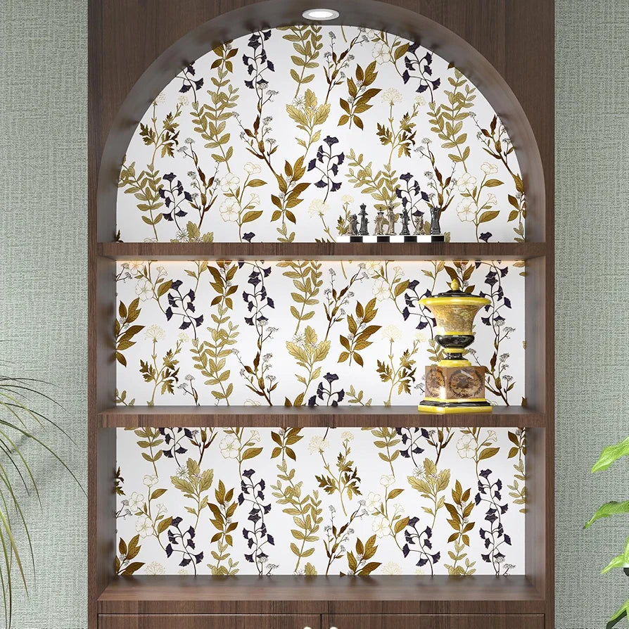White Floral Wallpaper Peel and Stick Gold Leaf Contact Paper Leaf Wallpaper Waterproof Self-Adhesive Wall Covering for Bedroom Countertop Desk Cabinets Decor 17.4" x 118"
