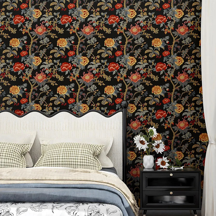 Black Floral Wallpaper Peel and Stick Paisley Dark Red Flower Contact Paper Waterproof Self-Adhesive Vintage Wall Paper Wall Covering for Bedroom Countertop Desk Cabinets 17.4" x 118" Renter Friendly